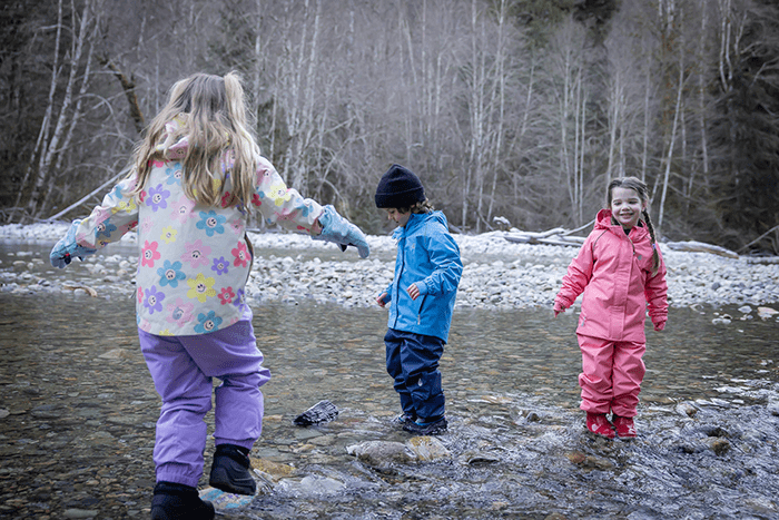 Kids playing in a river dressed in Therm Kids water proof clothing