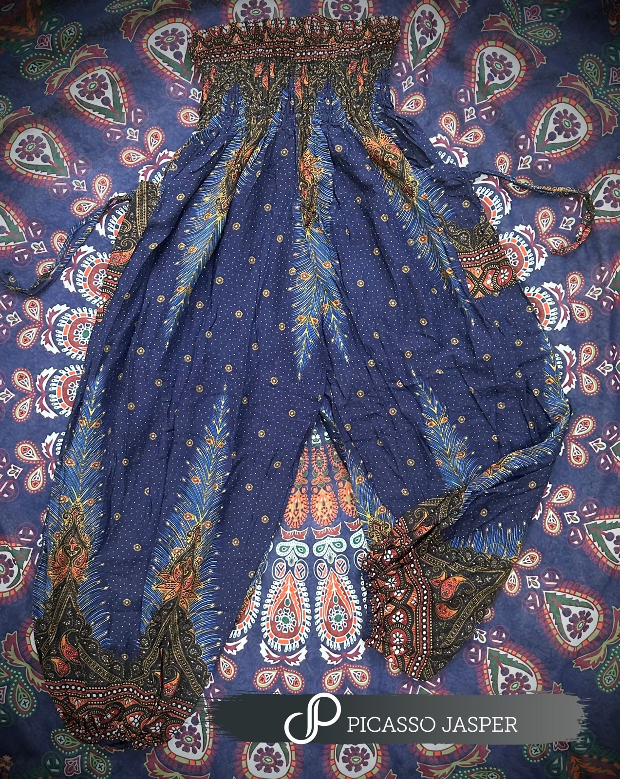 Blue + Gold Feathers, Two Pocket Magic Pant - Image 2